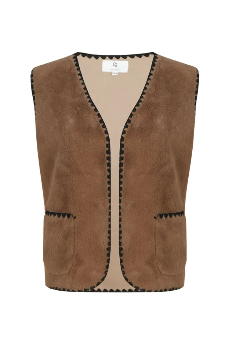 CS The Label Glenn gilet in licht camel en zwart, mouwloos
